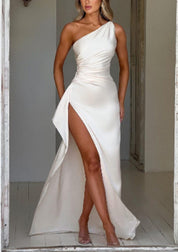 Elegant One-Shoulder Backless Satin Dress with High Slit White Dresses