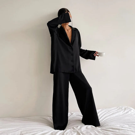Ultra-Luxe Women’s Silk Wide-Leg Pajama Set Charcoal Black Outfit Sets