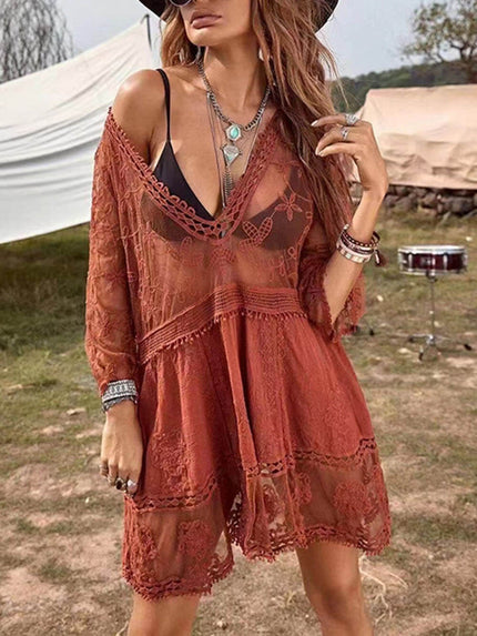 Loose Lace Beach Vacation Bikini Cover-Up Dress Maroon Red F Dresses