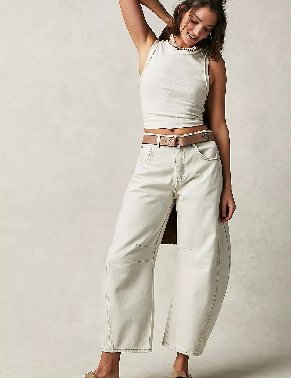 High-Stretch Mid-Rise Barrel Jeans White Women Pants
