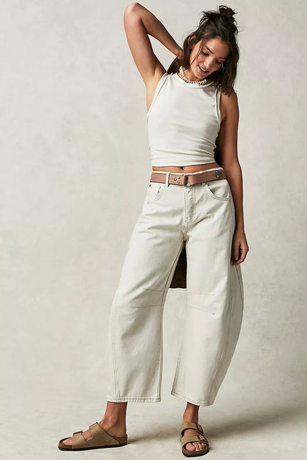 High-Stretch Mid-Rise Barrel Jeans White Women Pants