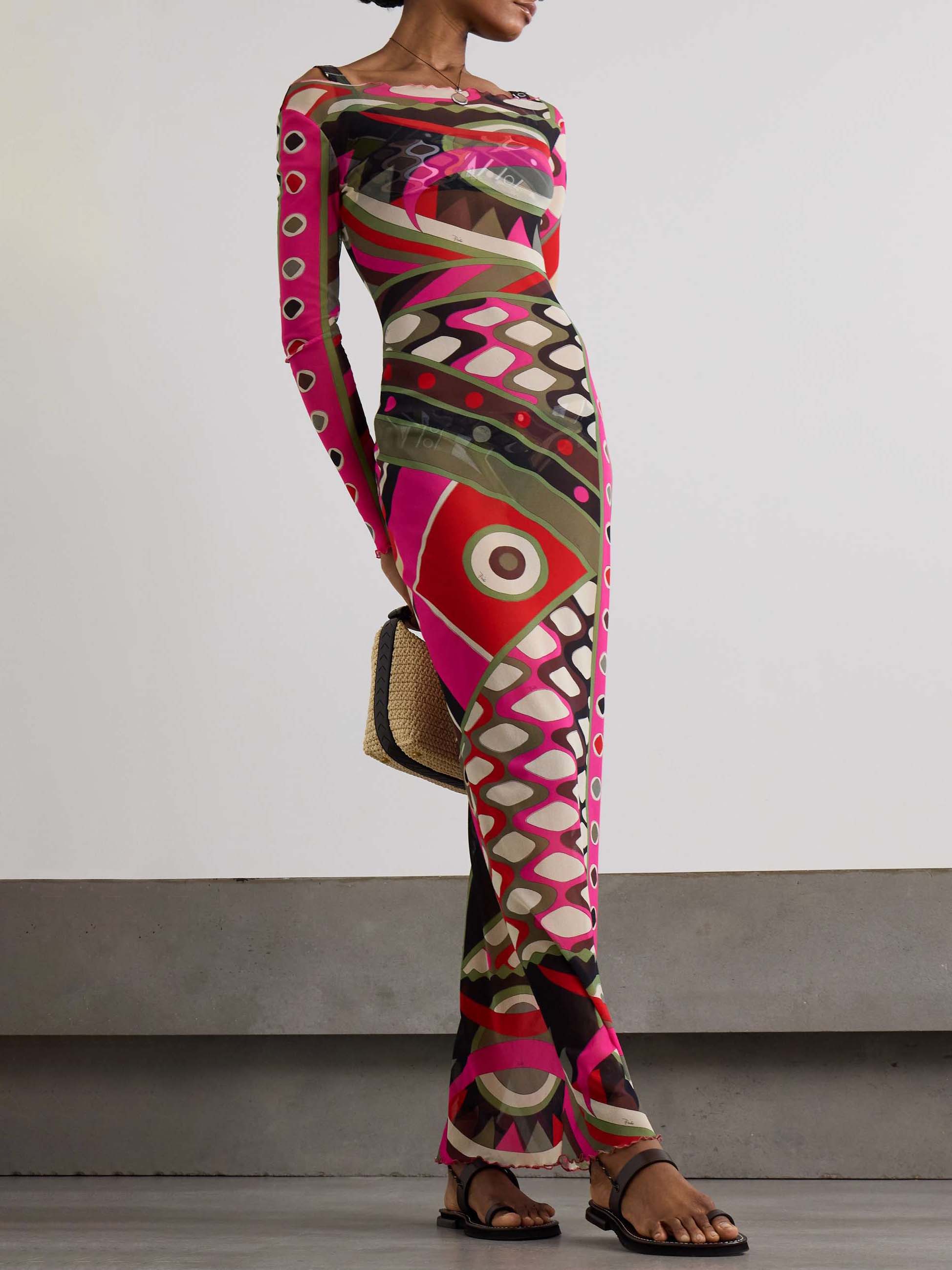 Retro Personality Abstract Print Hip-Wrapped Maxi Dress Pink Dresses