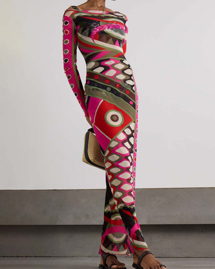 Retro Personality Abstract Print Hip-Wrapped Maxi Dress Pink Dresses
