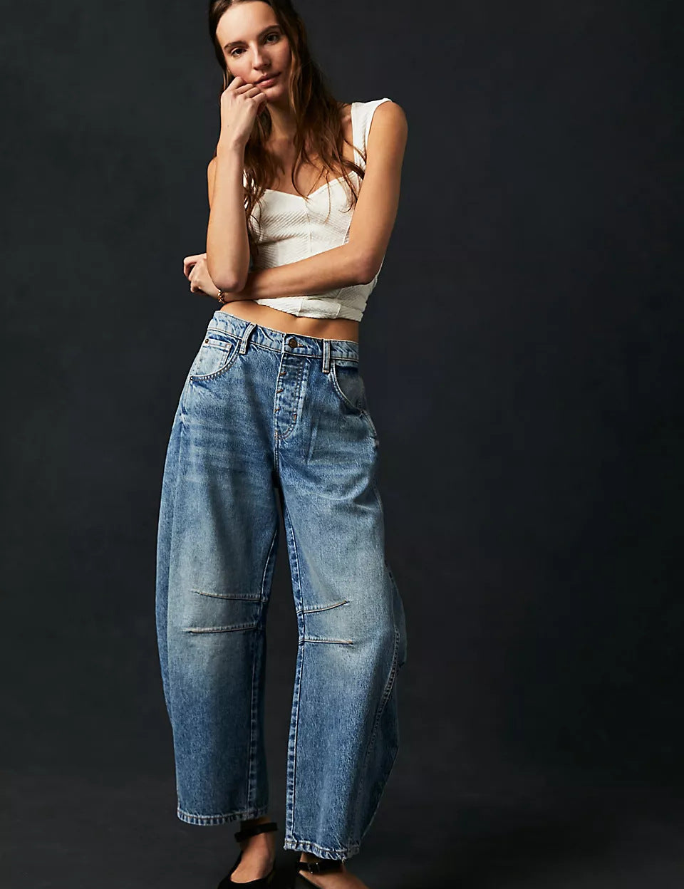 High-Stretch Mid-Rise Barrel Jeans Dark Blue Women Pants