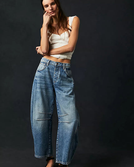 High-Stretch Mid-Rise Barrel Jeans Dark Blue Women Pants