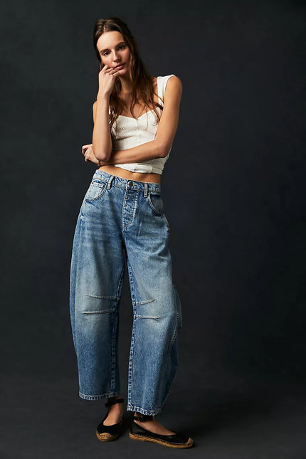 High-Stretch Mid-Rise Barrel Jeans Dark Blue Women Pants