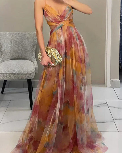 Elegant Printed Lace-Up Maxi Dress Dresses