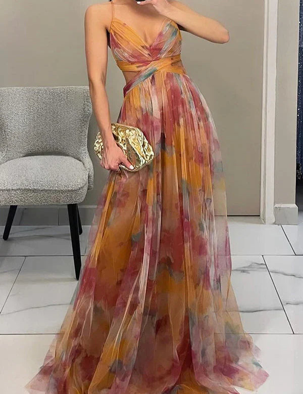 Elegant Printed Lace-Up Maxi Dress Dresses