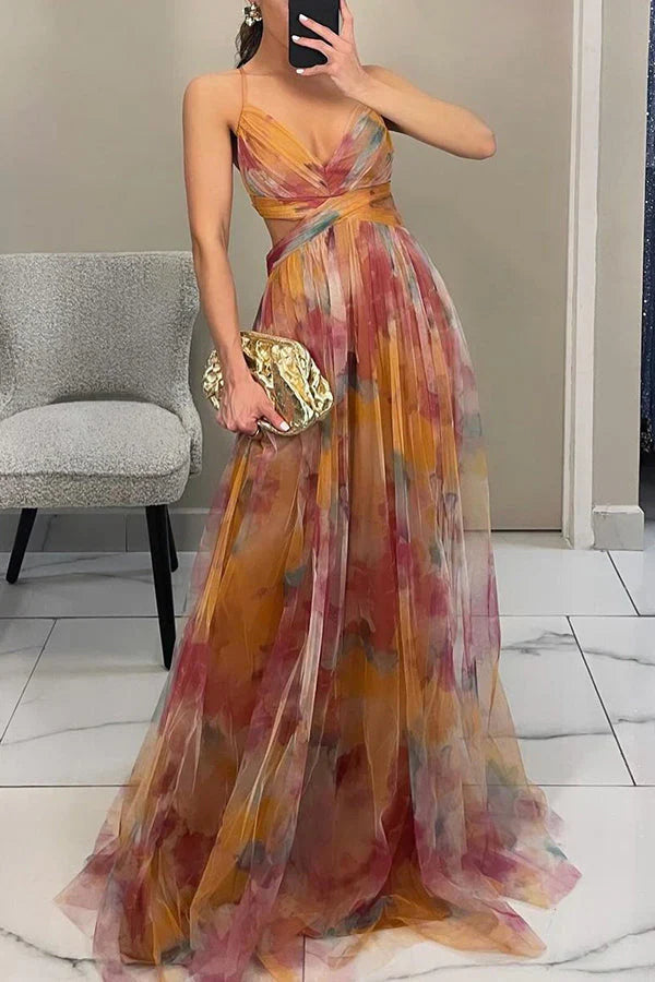 Elegant Printed Lace-Up Maxi Dress Dresses