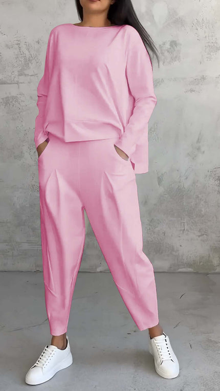 Women's Irregular Long-Sleeve Top & Harem Pants Set Pink set