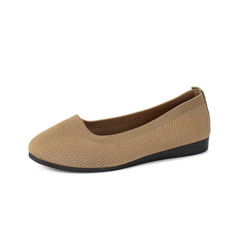Women's Round Toe Knit Mesh Slip-On Flats Khaki Sandals