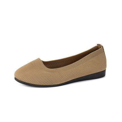 Women's Round Toe Knit Mesh Slip-On Flats Khaki Sandals