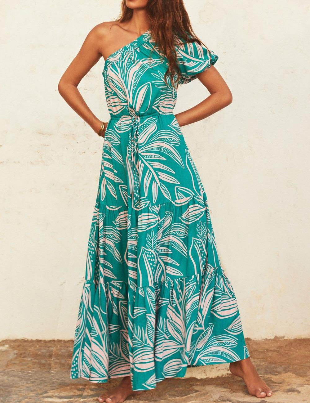 Off-Shoulder Palm Leaf Print Holiday Style Floral Dress Green Dresses