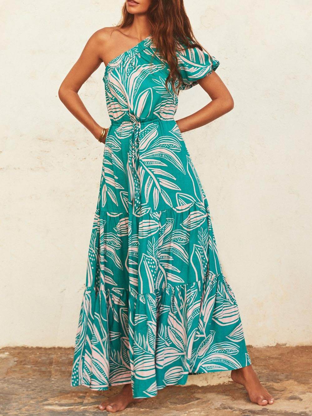 Off-Shoulder Palm Leaf Print Holiday Style Floral Dress Green Dresses
