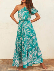 Off-Shoulder Palm Leaf Print Holiday Style Floral Dress Green Dresses