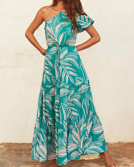 Off-Shoulder Palm Leaf Print Holiday Style Floral Dress Green Dresses