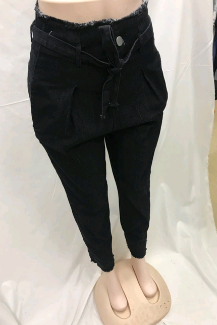 High-Waisted Washed Pencil Pants Black Pants