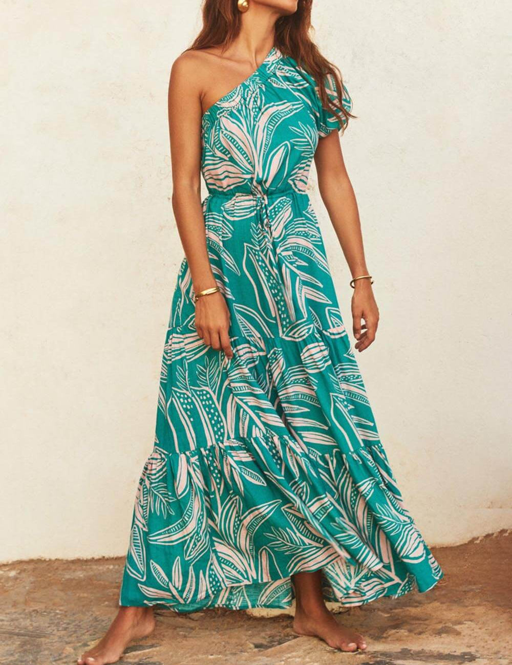 Off-Shoulder Palm Leaf Print Holiday Style Floral Dress Dresses