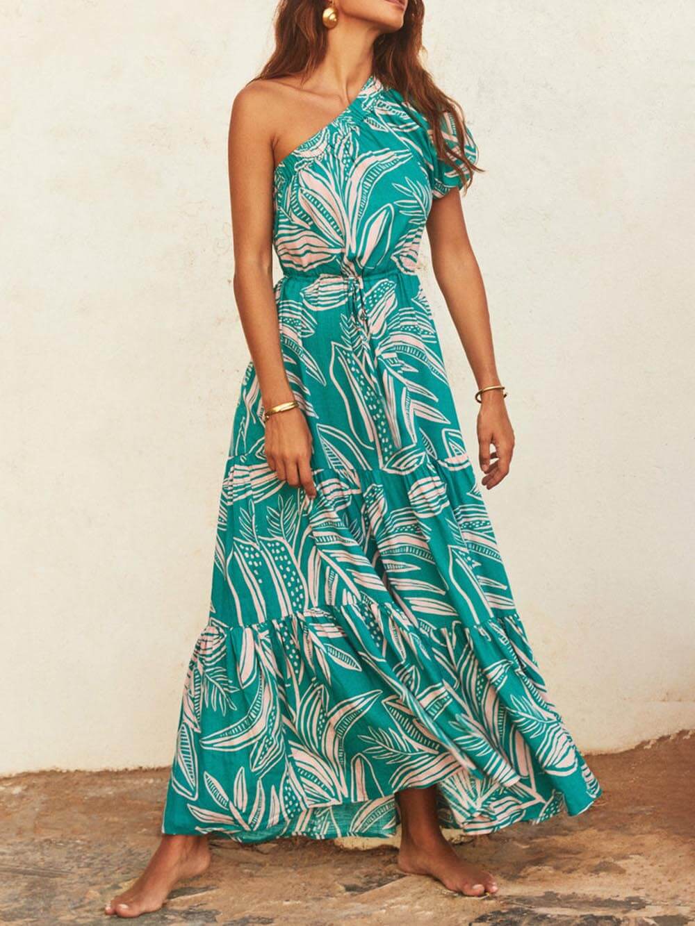 Off-Shoulder Palm Leaf Print Holiday Style Floral Dress Dresses