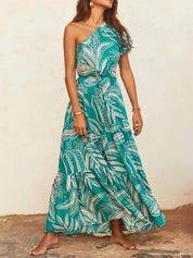 Off-Shoulder Palm Leaf Print Holiday Style Floral Dress Dresses