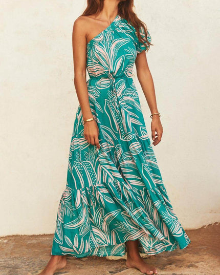 Off-Shoulder Palm Leaf Print Holiday Style Floral Dress Dresses