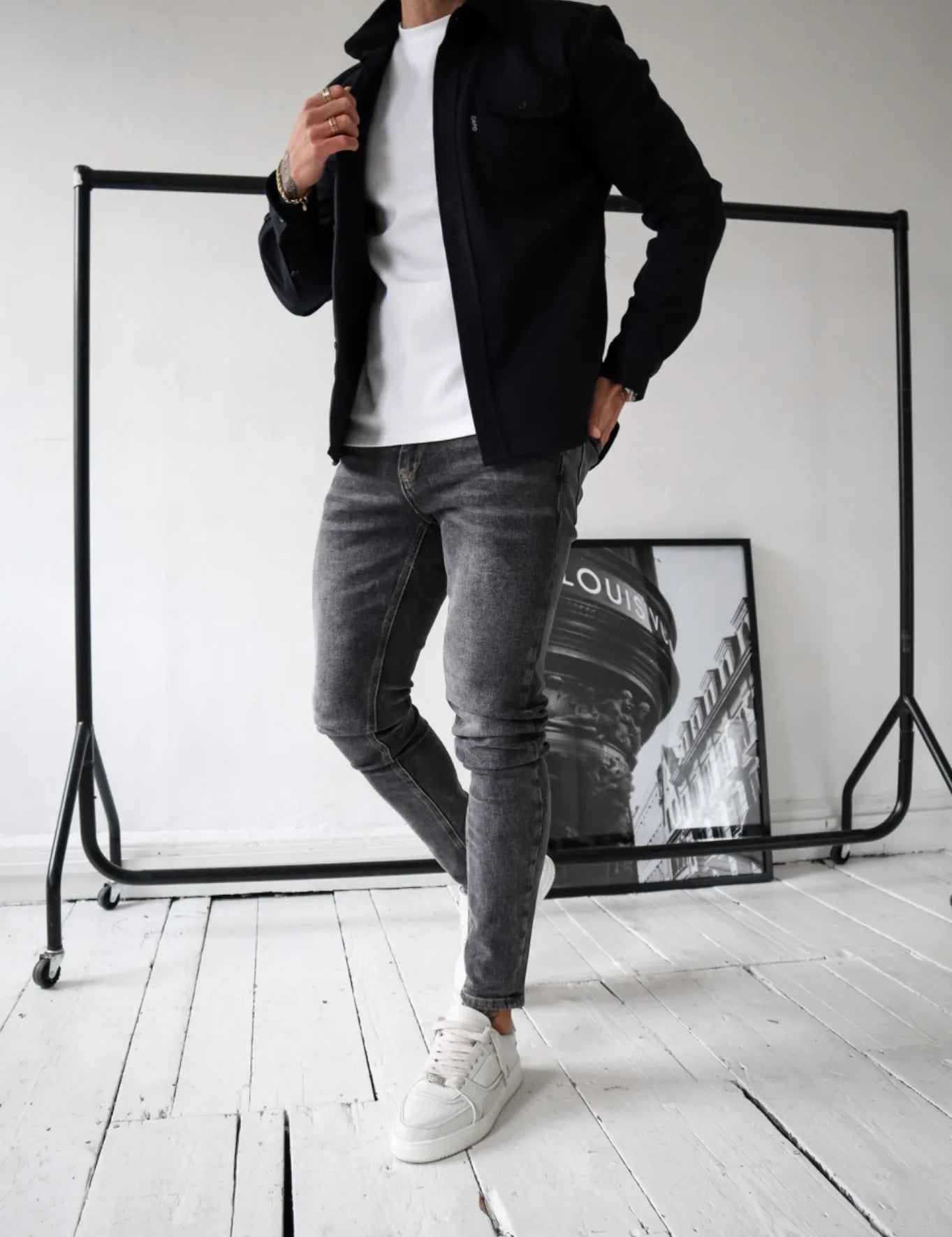 Men's Casual Button-Up Shirt Jacket with Front Pockets Black Men Shirts