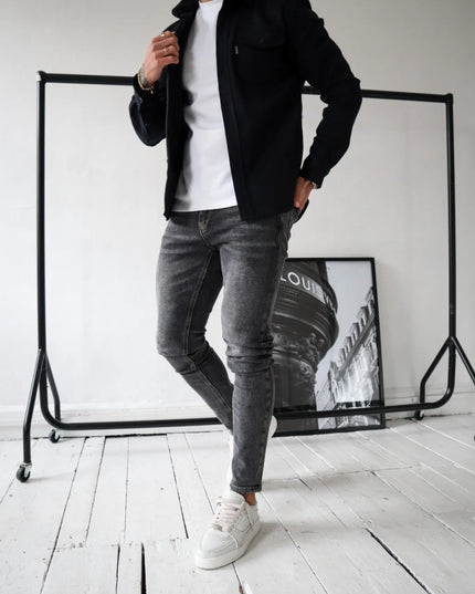 Men's Casual Button-Up Shirt Jacket with Front Pockets Black Men Shirts