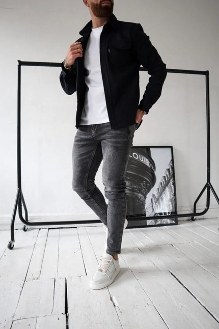 Men's Casual Button-Up Shirt Jacket with Front Pockets Black Men Shirts