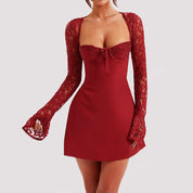 Sexy Lace Corset Backless Mini Dress Wine Red Dresses