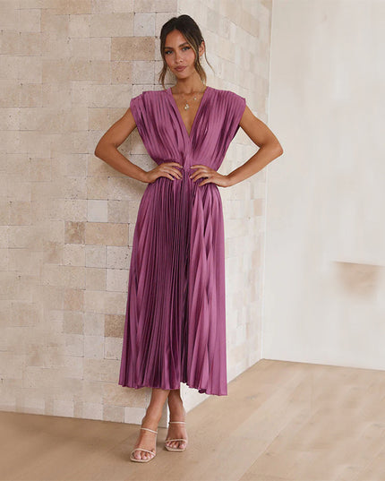 Summer V-Neck Pleated Sleeveless Dress – Casual Loose Fit with Zipper Closure Dress