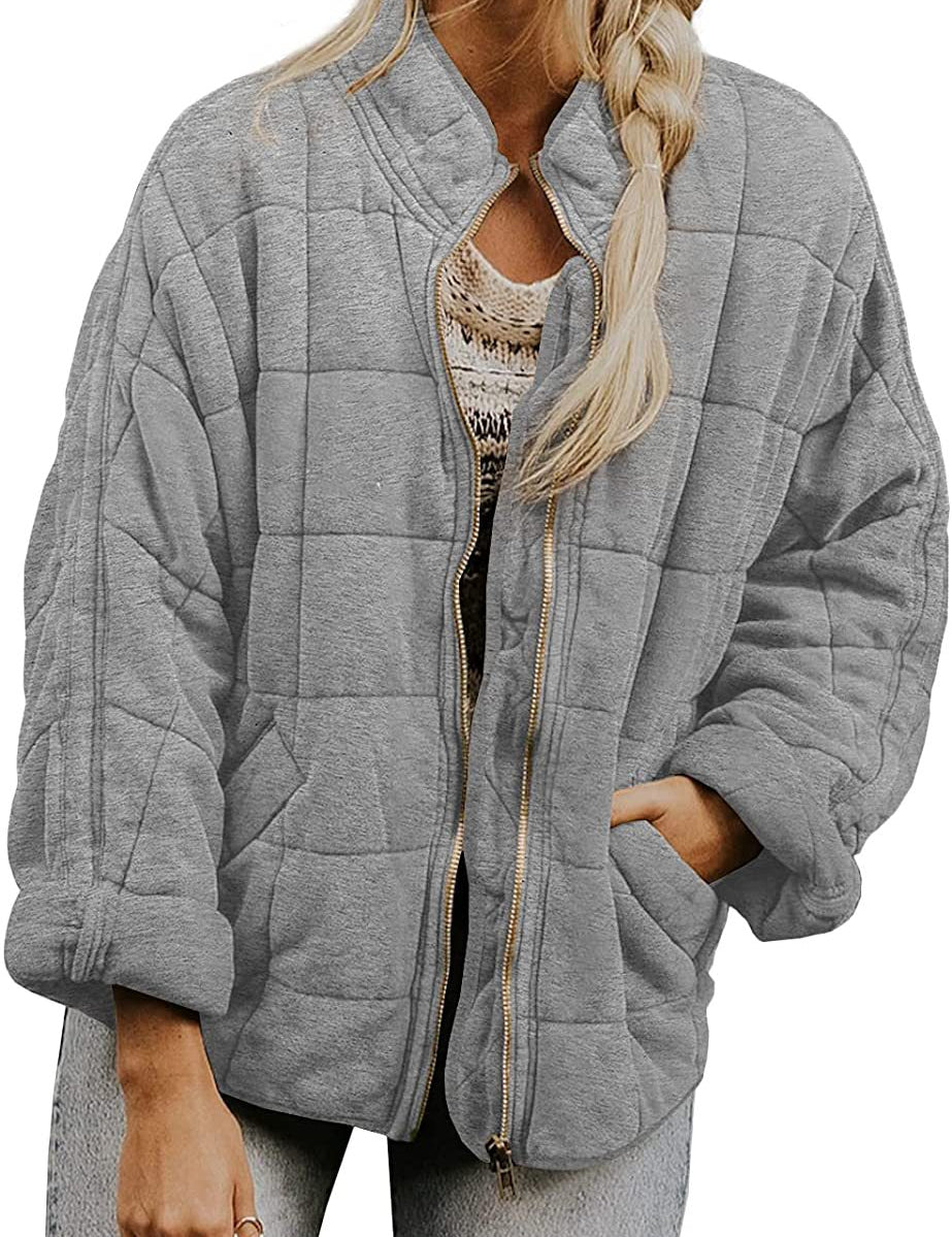 Plaid Stand-Collar Zip-Up Winter Coat for Women Grey Coat