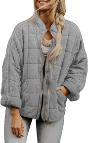 Plaid Stand-Collar Zip-Up Winter Coat for Women Grey Coat