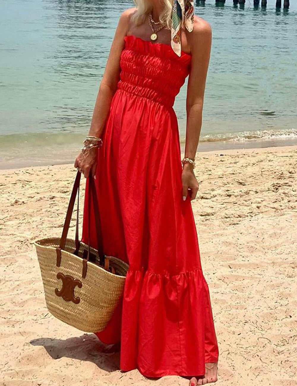 Off Shoulder Smocked Bust Vacation Maxi Dress Red Dresses