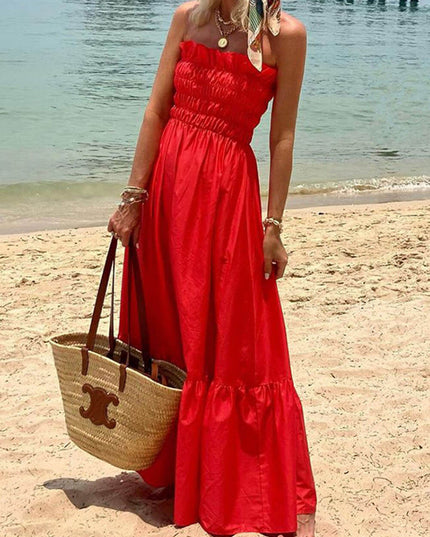 Off Shoulder Smocked Bust Vacation Maxi Dress Red Dresses