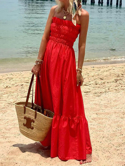 Off Shoulder Smocked Bust Vacation Maxi Dress Red Dresses