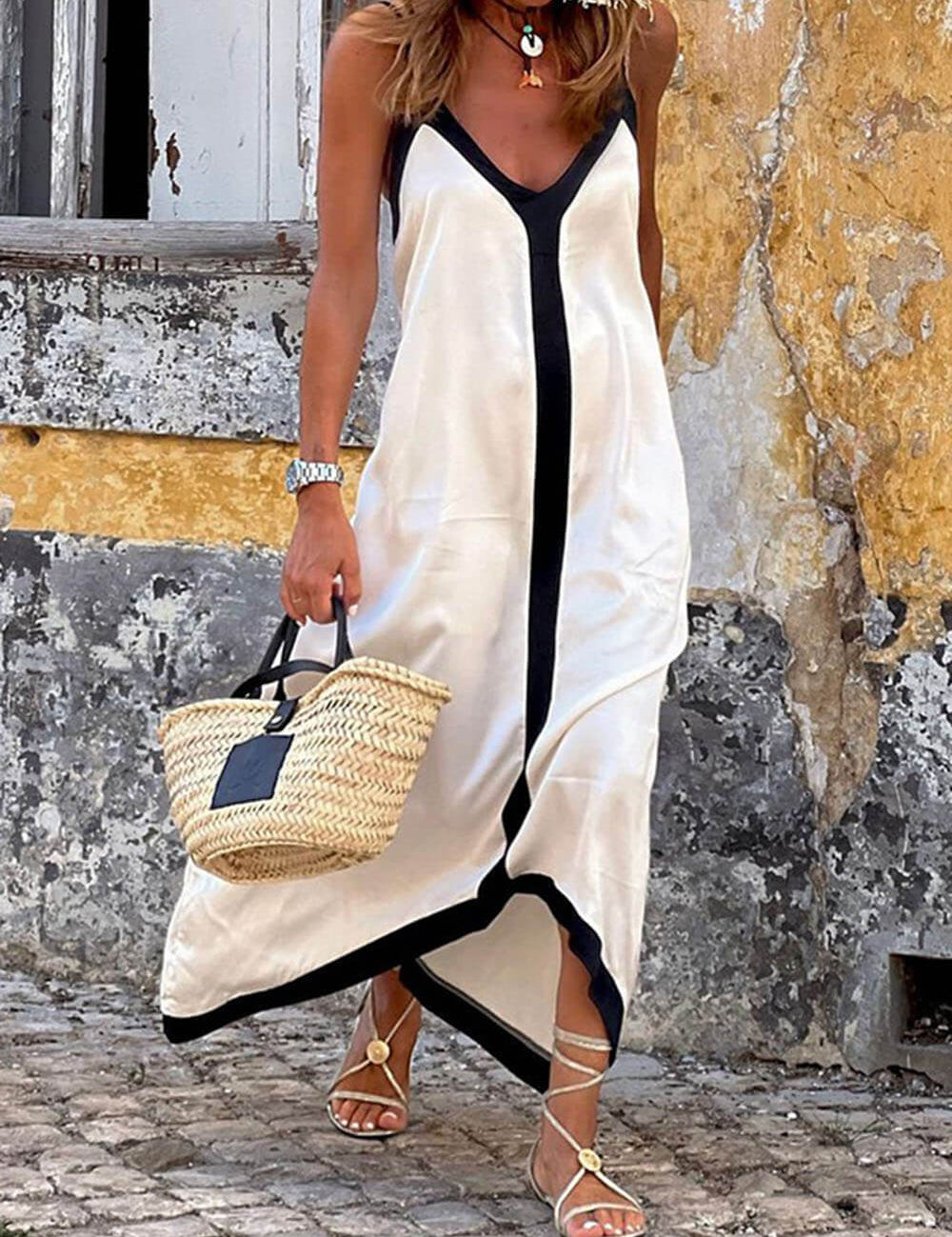 Suspender Colorblock Midi Dress White Dresses