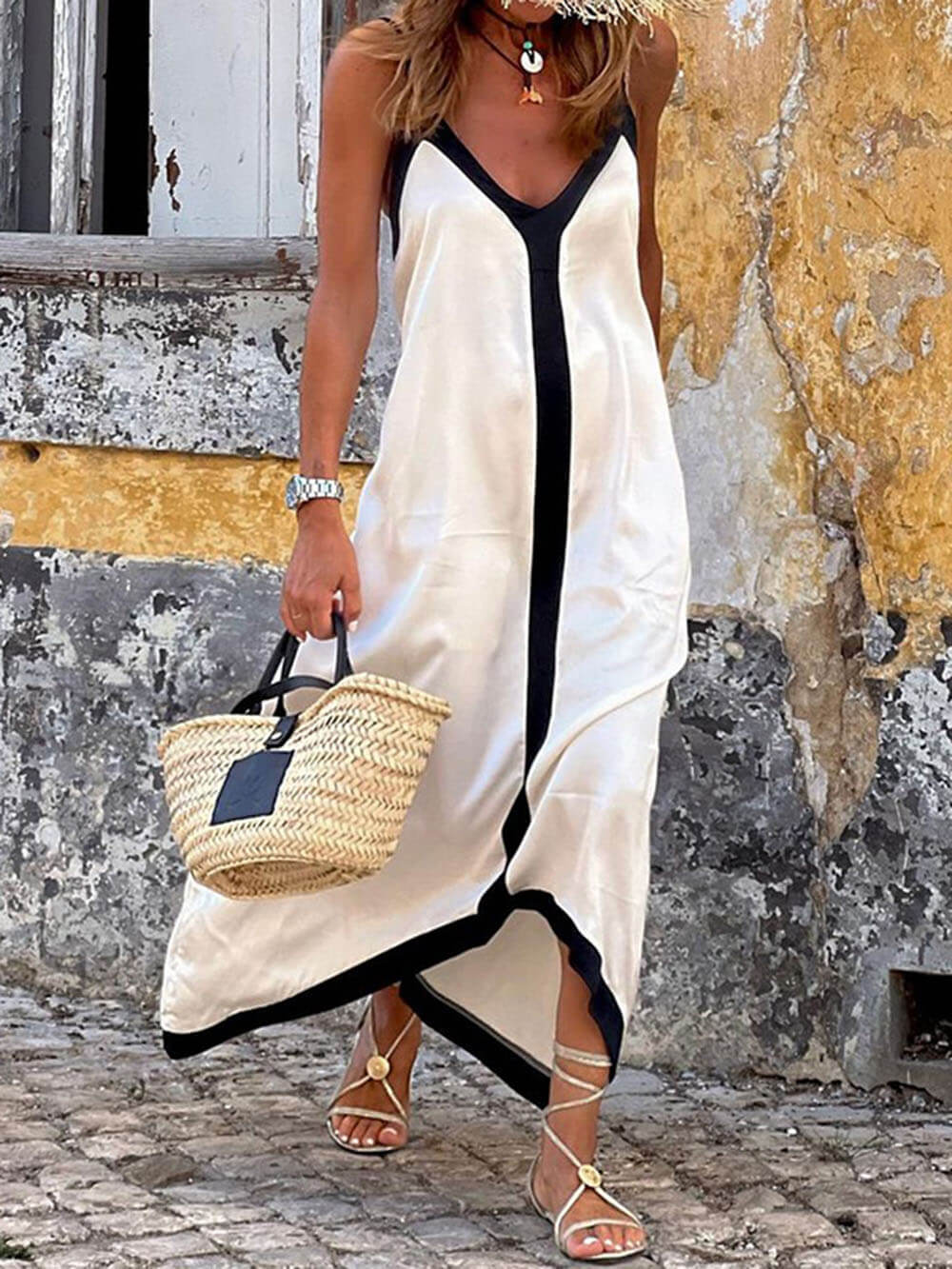 Suspender Colorblock Midi Dress White Dresses
