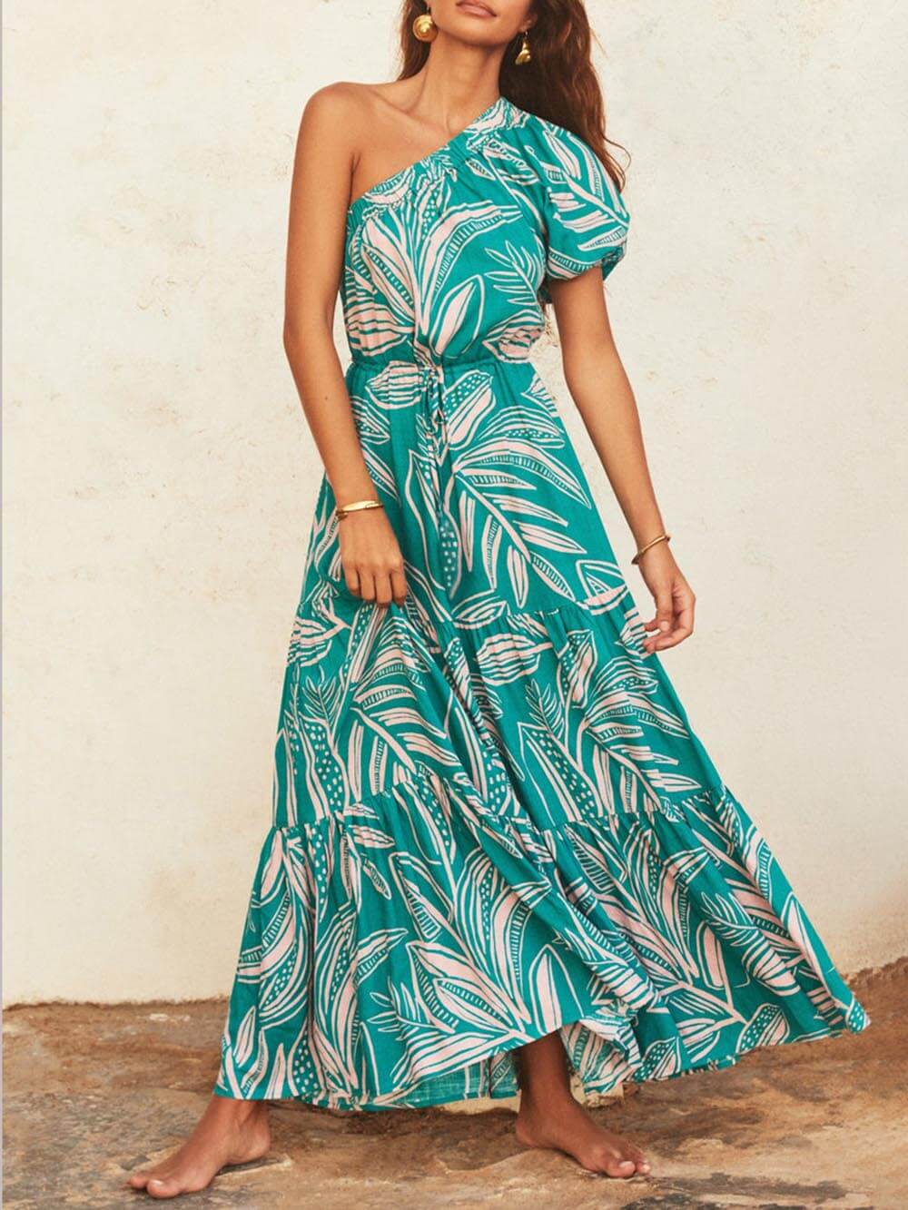 Off-Shoulder Palm Leaf Print Holiday Style Floral Dress Dresses