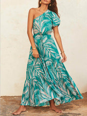 Off-Shoulder Palm Leaf Print Holiday Style Floral Dress Dresses
