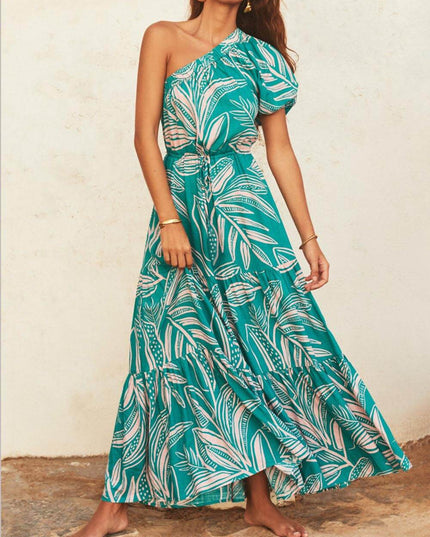 Off-Shoulder Palm Leaf Print Holiday Style Floral Dress Dresses
