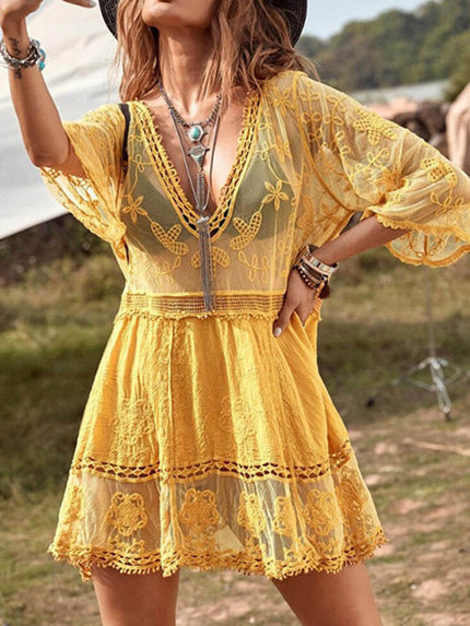 Loose Lace Beach Vacation Bikini Cover-Up Dress Yellow F Dresses