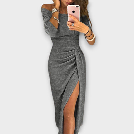 Lena | Elegant Off-Shoulder Dress Grey Dresses