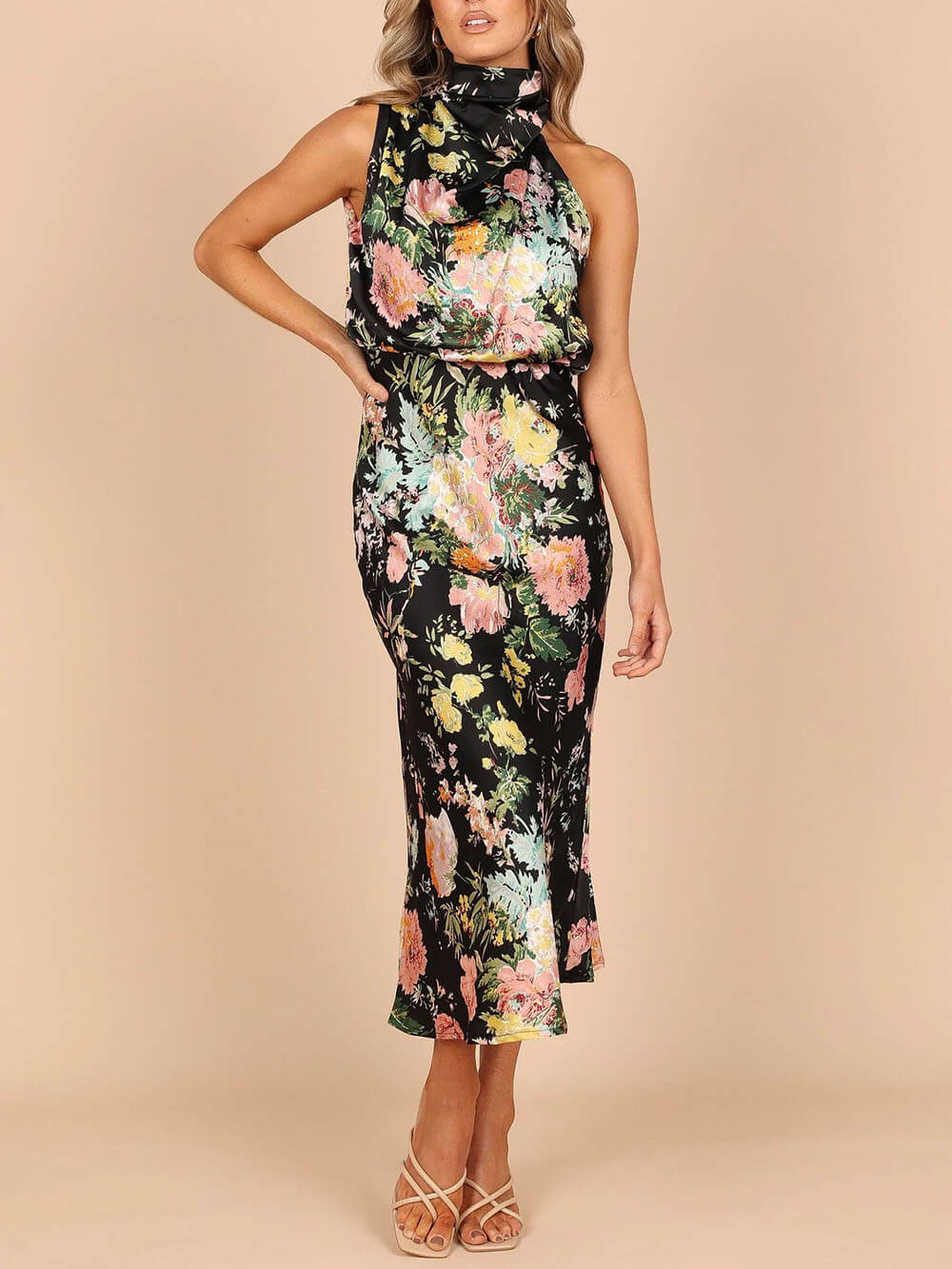 Halter Neck Floral Elastic Waist Maxi Dress Dresses