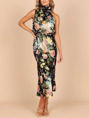Halter Neck Floral Elastic Waist Maxi Dress Dresses