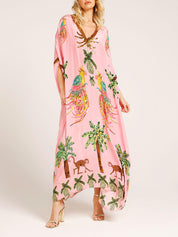 Unique Drop Shoulder Sleeve Coconut Tree Printed Dress Pink One Size Fit Dresses