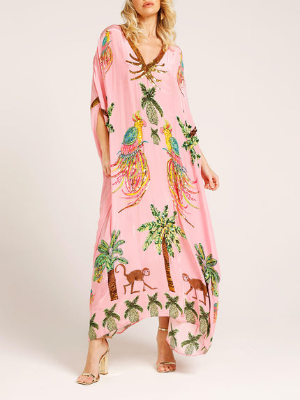 Unique Drop Shoulder Sleeve Coconut Tree Printed Dress Pink One Size Fit Dresses
