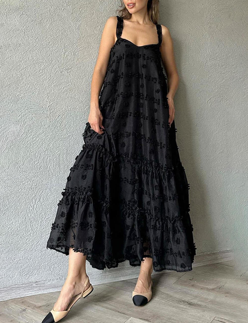 Flower Decor Pretty A-Line Layered Loose Maxi Dress Black Dresses