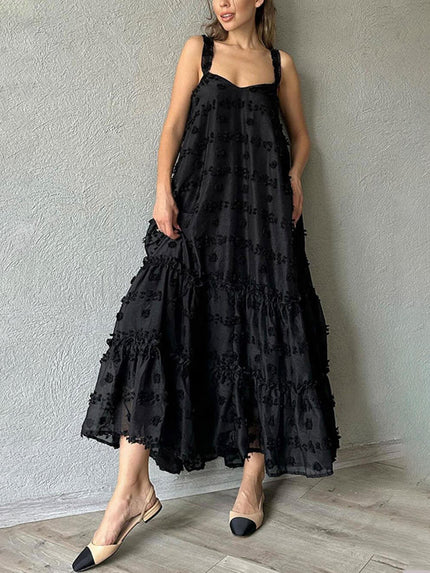 Flower Decor Pretty A-Line Layered Loose Maxi Dress Black Dresses