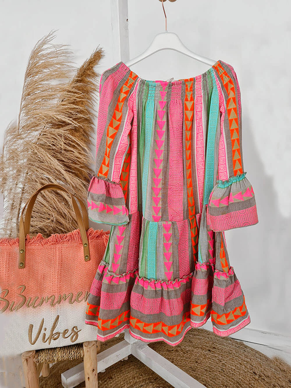 Ethnic Print Linen Blend Off Shoulder Loose Mini Dress Dresses