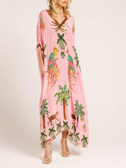 Unique Drop Shoulder Sleeve Coconut Tree Printed Dress Dresses